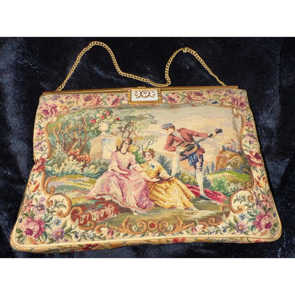 1940's WALBORG PETITPOINT BAG W/ UNIQUE MOTHER OF PEARL FRAME & CLASP